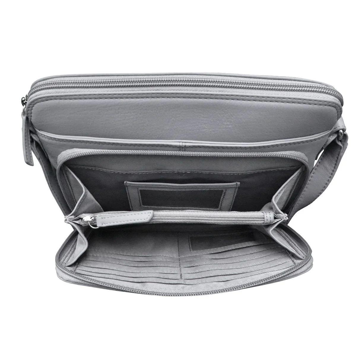 cool grey leather crossbody organizer handbag