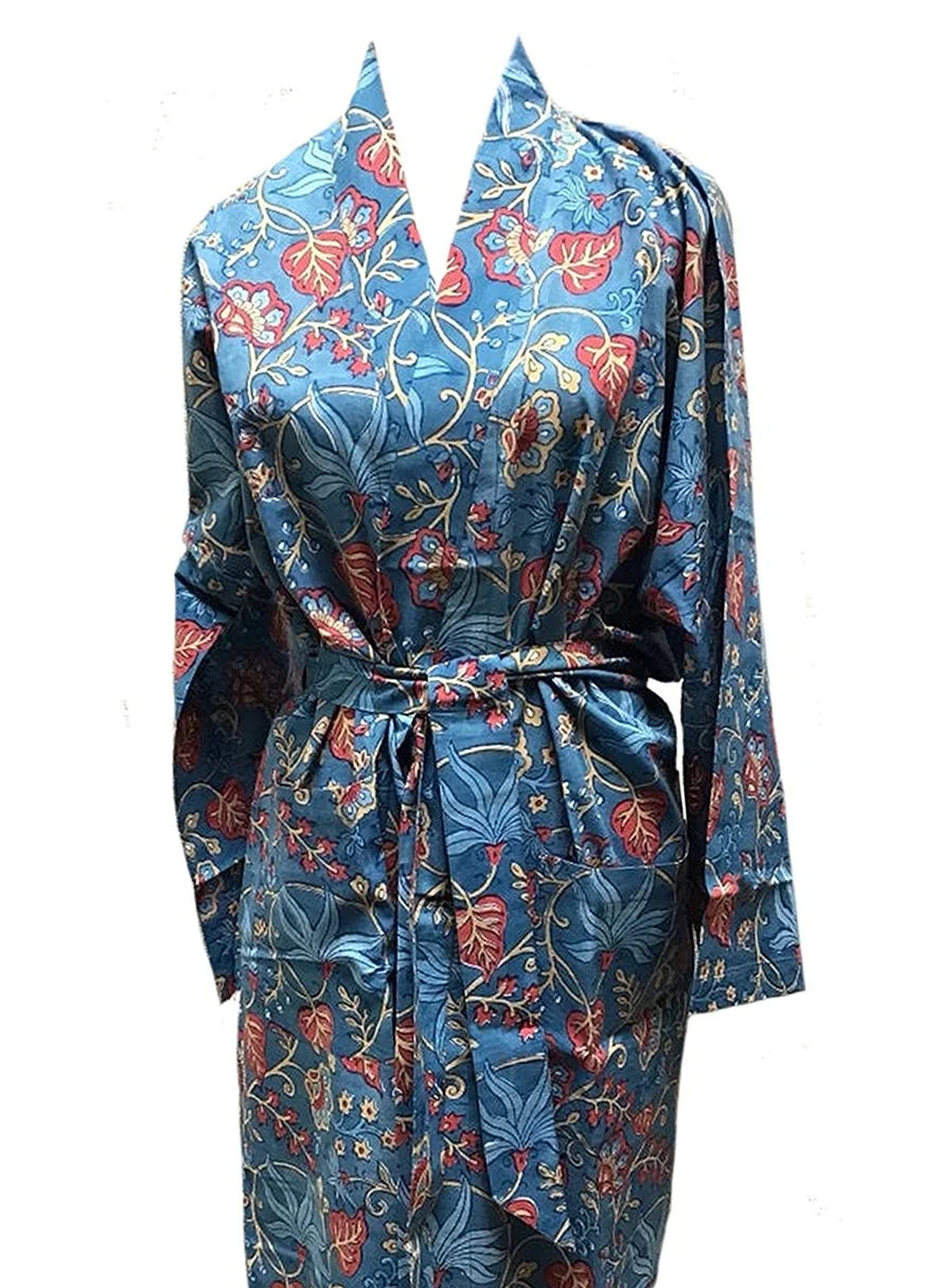 indo blue hand block print kimono robe