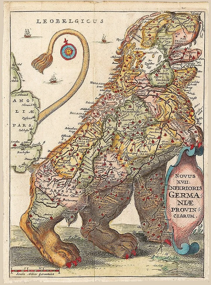 Old World Map Leo Belgicus Map by Famiano Strada 1648
