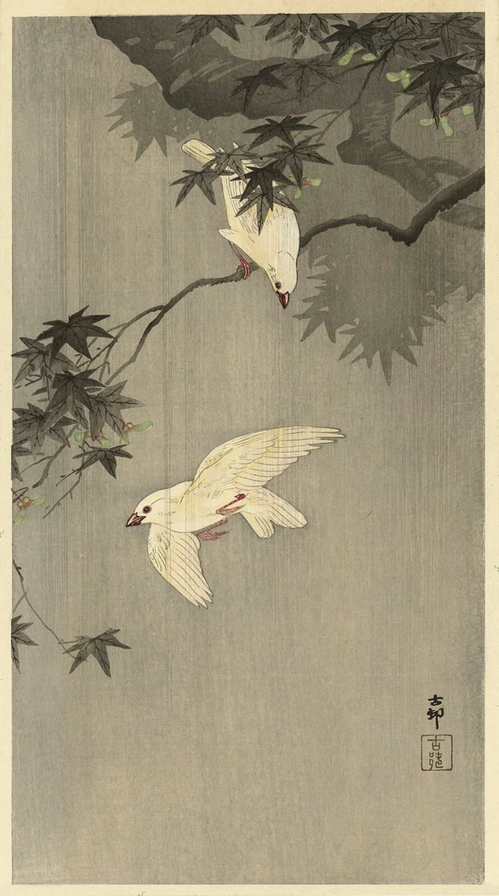 white birds antique asian print