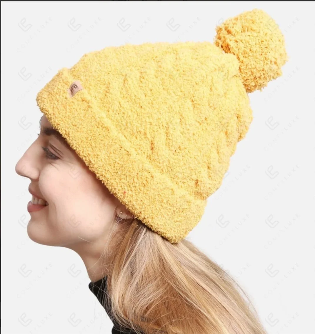 comfy-lux-cable-knit-pompom-yellow-beanie-scarves-hats-mittens-museum-outlets.jpg