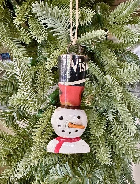 snowman with tophat recycled metal christmas ornament