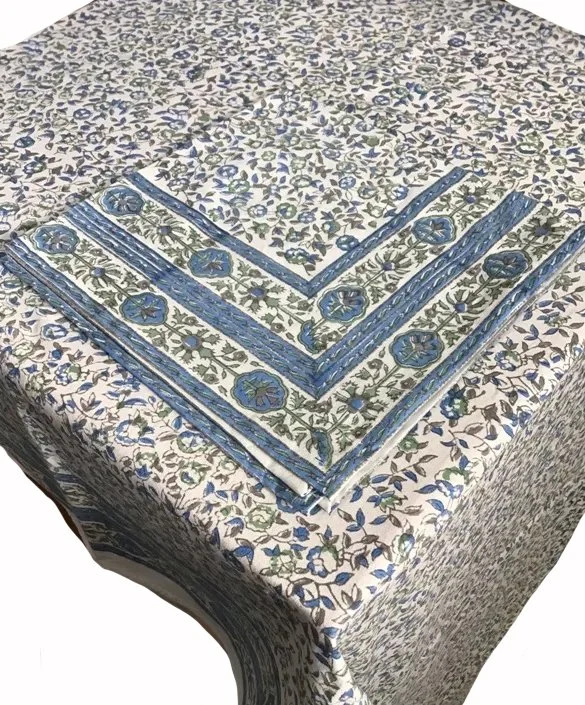 cornwall blue hand block printed tablecloth and napkins