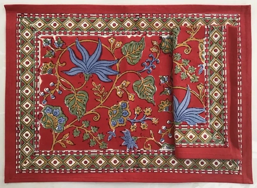 indo fleur red hand block printed tablecloth, runners, placemats and napkins