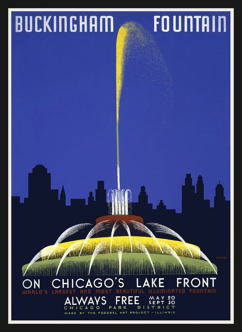 buckingham fountain chicago lake front vintage wpa poster