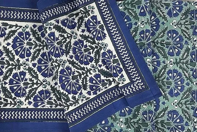 chrysanthemum blue green hand block printed tablecloth and napkins