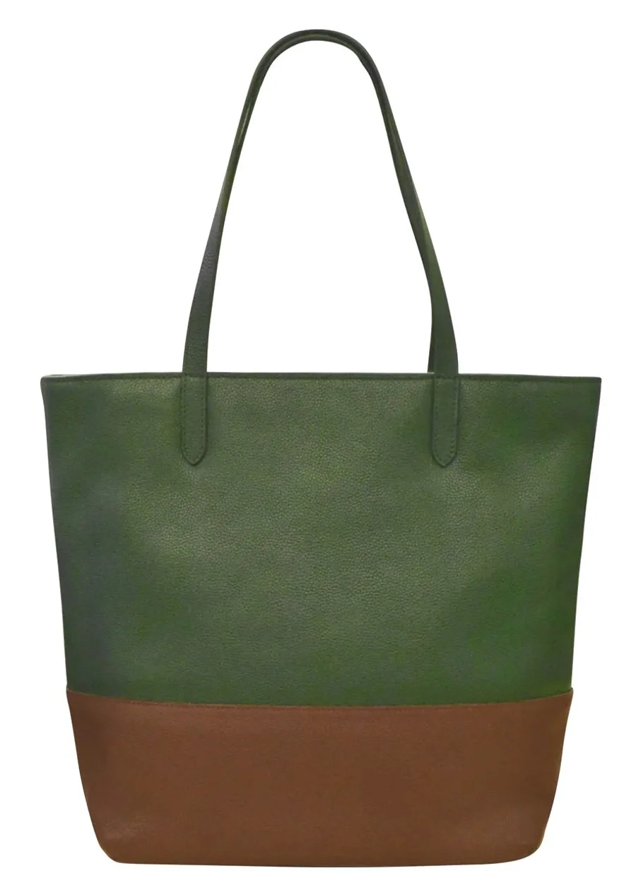 hunter green and rustic brown zip leather tote