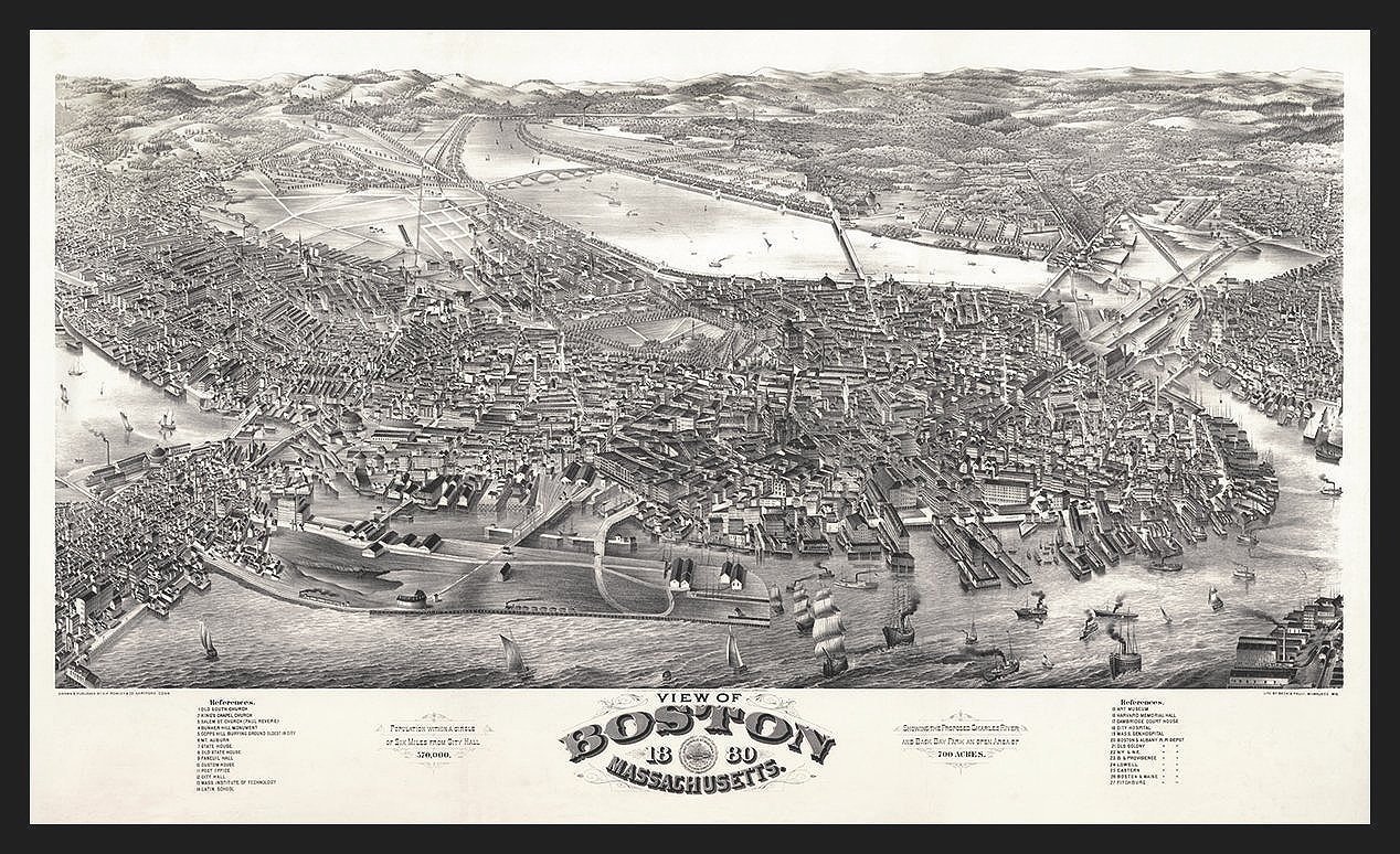 antique boston birds eye map 1880