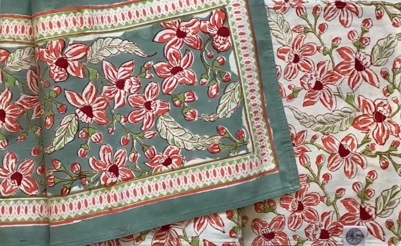 Edit frangipani hand block printed tablecloth, napkins and table runners