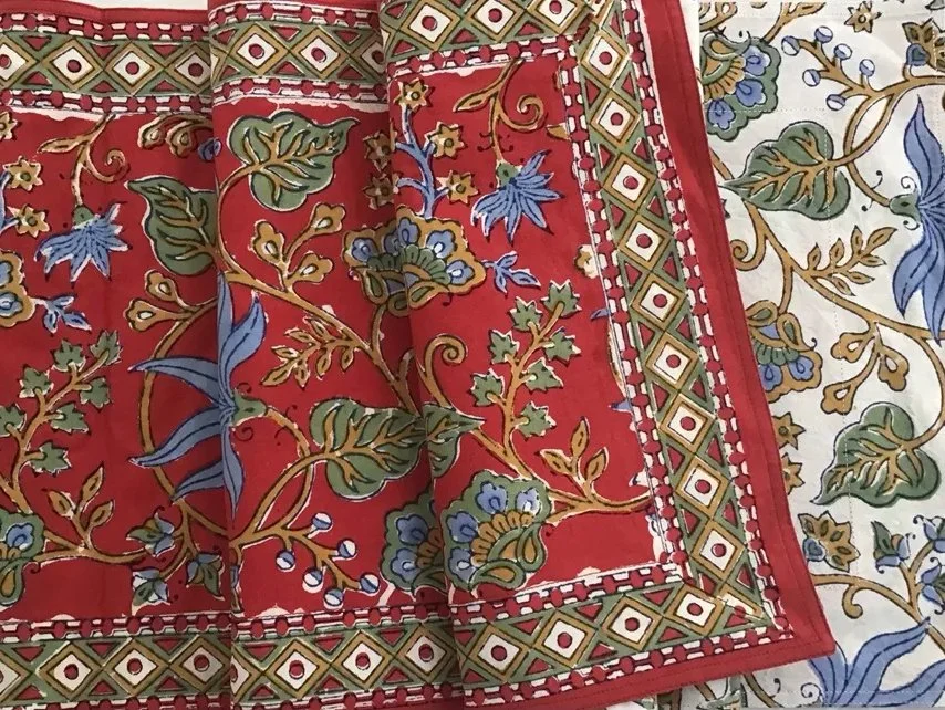 indo fleur red hand block printed tablecloth, runners, placemats and napkins