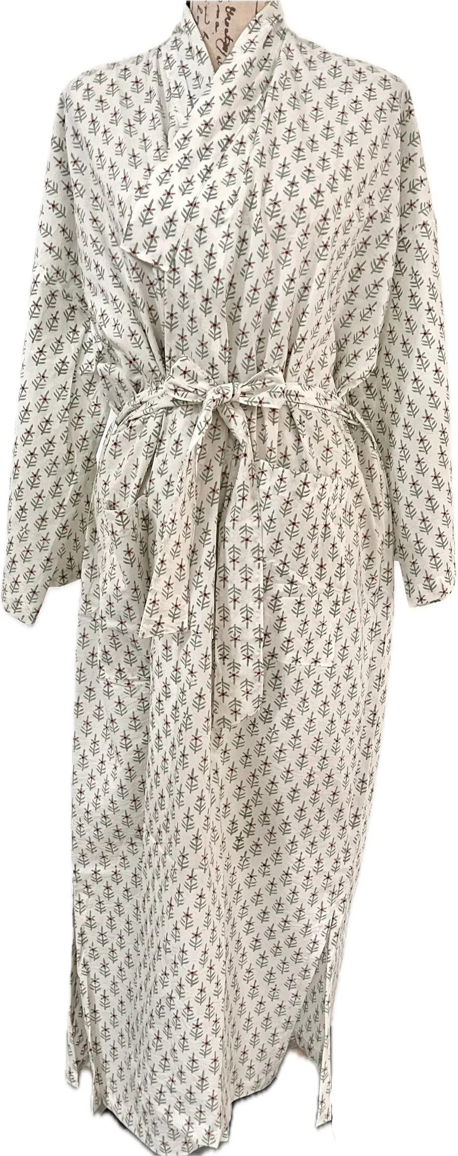 Winterberry holiday tree hand block printed kimono robe