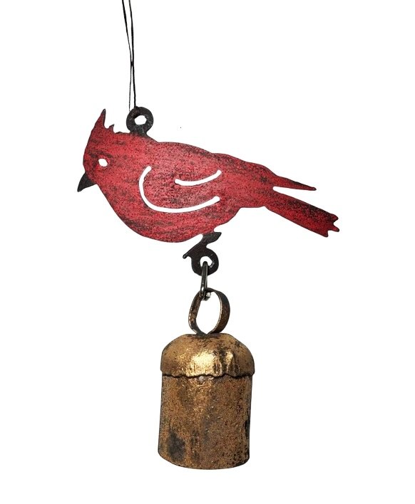 recycled metal cardinal ornament with recycled bell ornament chime (Copy)