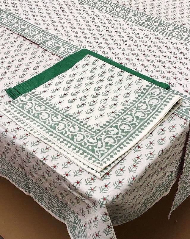 Winterberry holiday tree hand block printed tablecloth, napkins