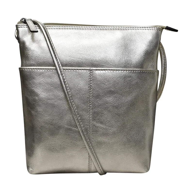 Silver Metallic Leather Satchel Crossbody Small Handbag — MUSEUM