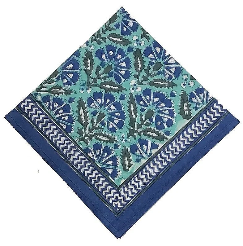 chrysanthemum blue green hand block printed tablecloth and napkins