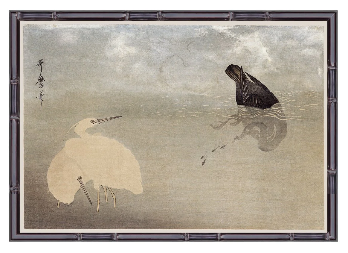 White Crane Fishing Antique Asian Art Print