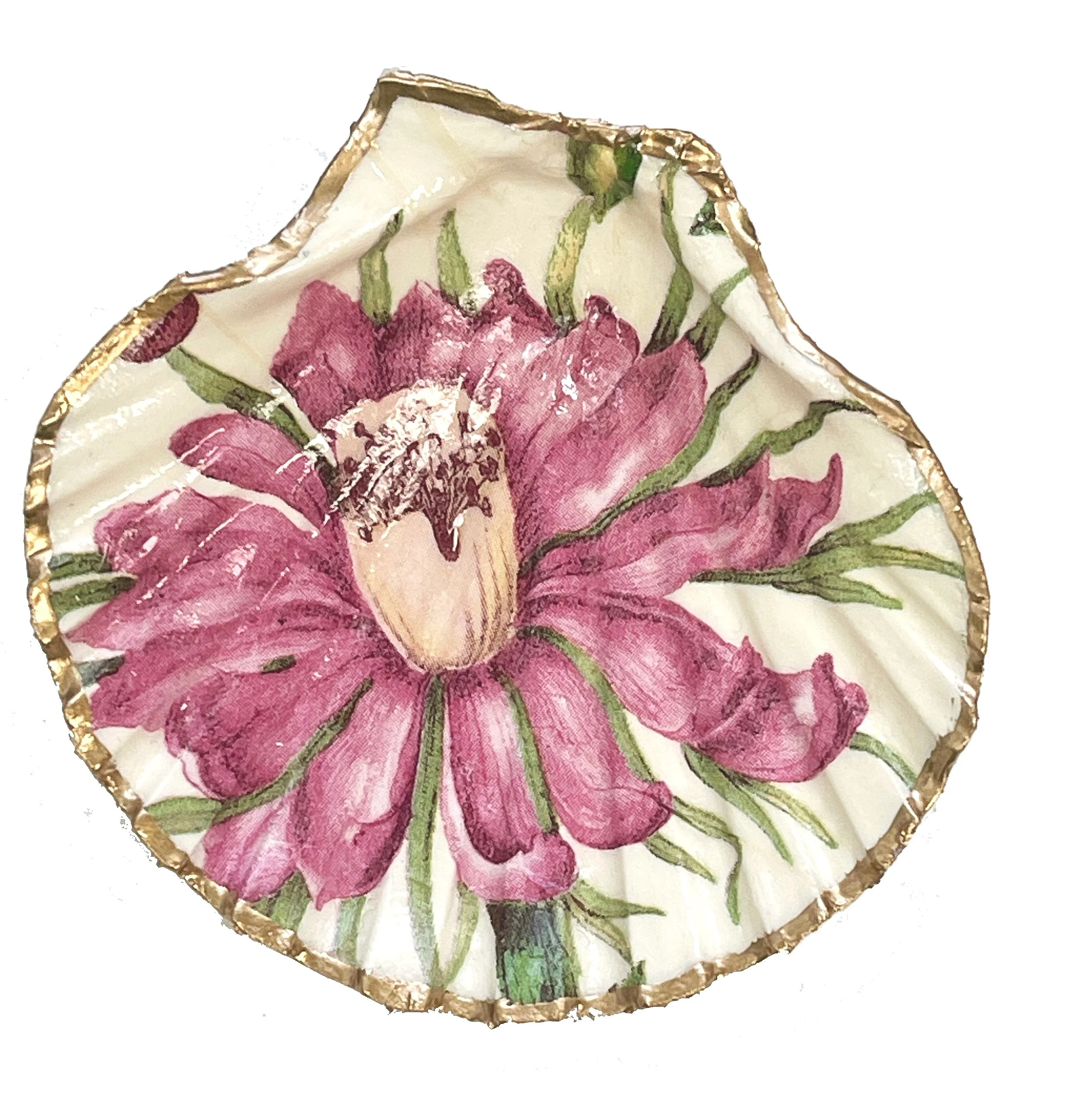pink floral decoupage scallop shell handmade in USA gift