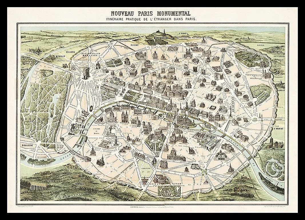 Antique  1878 Paris  Nouveau Monumental Map Print