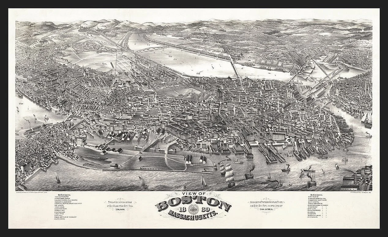 1880 birds eye antique boston masschusetts map