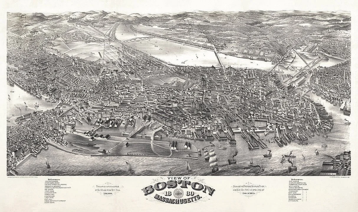 antique boston birds eye map 1880