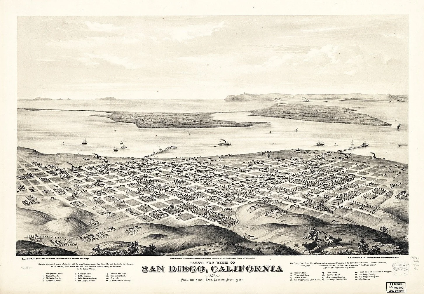 1876 San Diego Antique California Map
