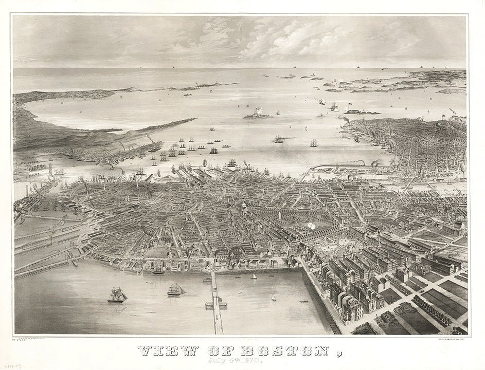 1870 view of boston antique map