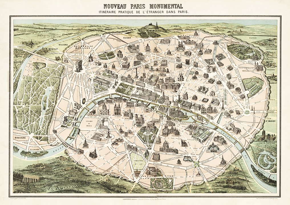 Antique  1878 Paris  Nouveau Monumental Map Print