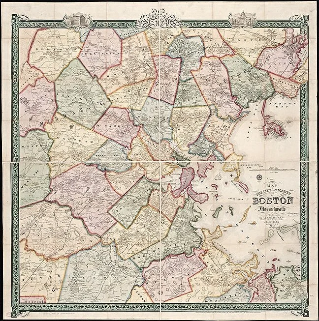 1853 antique boston massachusetts map