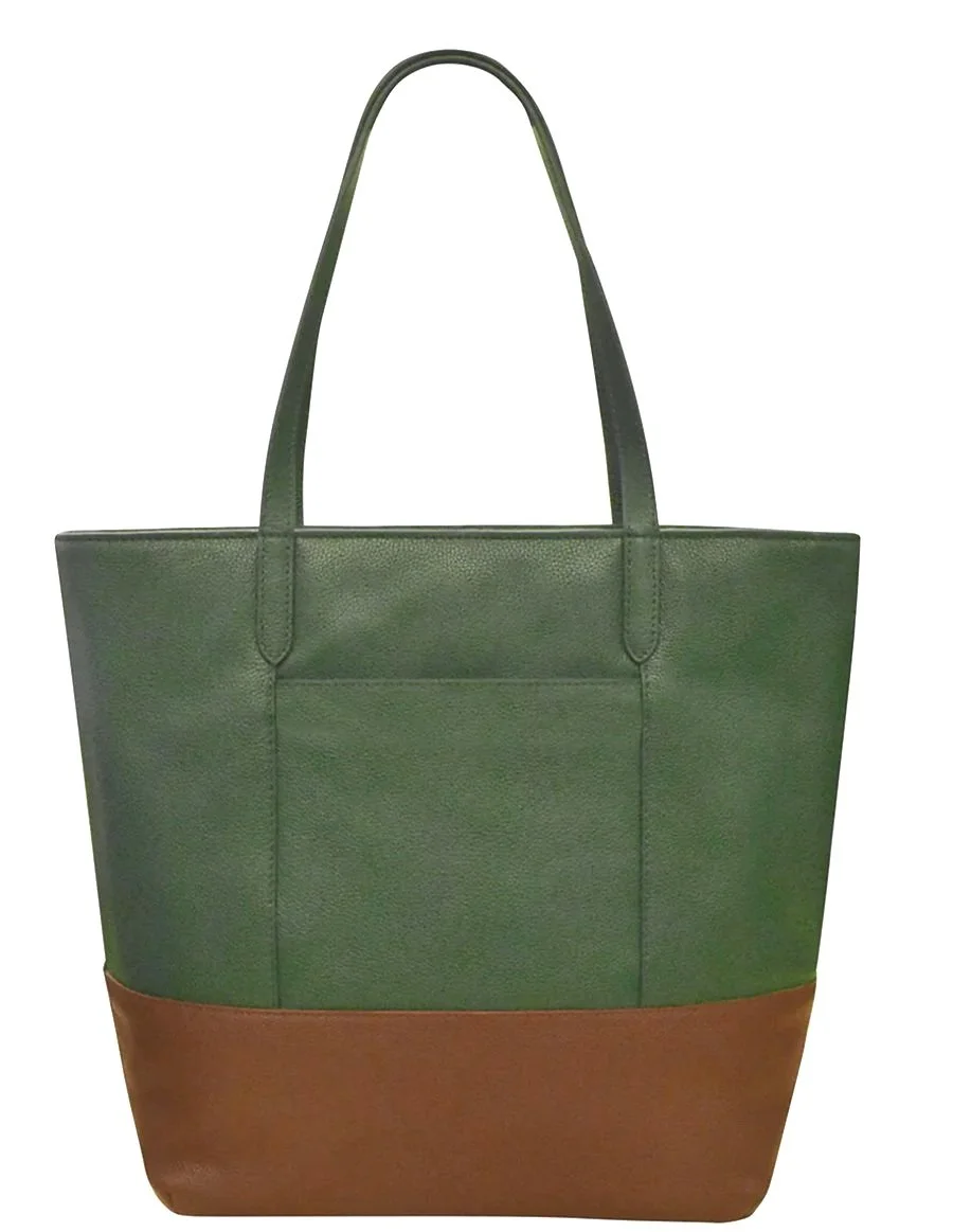 hunter green and rustic brown zip leather tote