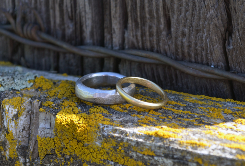 Rings by Tim & Tia: Hand carved organic textures in palladium and 18k yellow gold. 