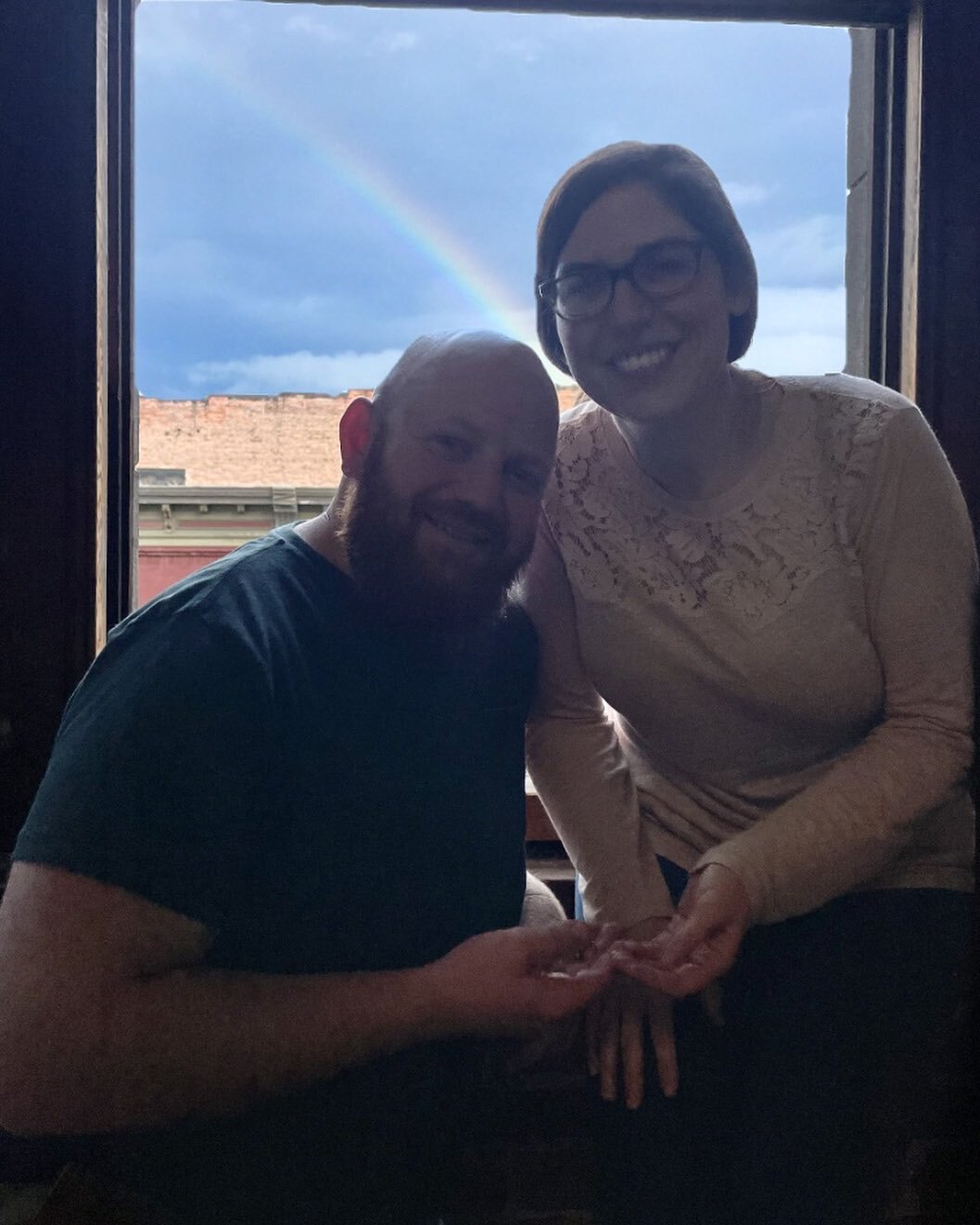 Thinking about Katherine and Patrick today! 🌈🍀 They met at Notre Dame and are welcoming their wedding guests to town today! AND a rainbow just happened to come out right as they finished their rings back in January! Lots of luck for these two!!