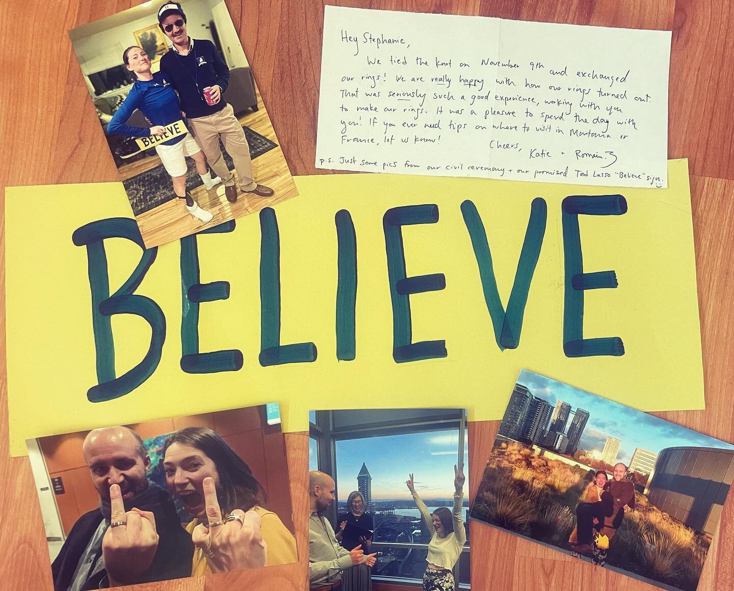 Sometimes I get a card or photos in the mail from past couples and it always makes my day! Several months ago I received such a fun package from Katie and Romain after they tied the knot! We totally connected talking about Ted Lasso and Bren&eacute; 