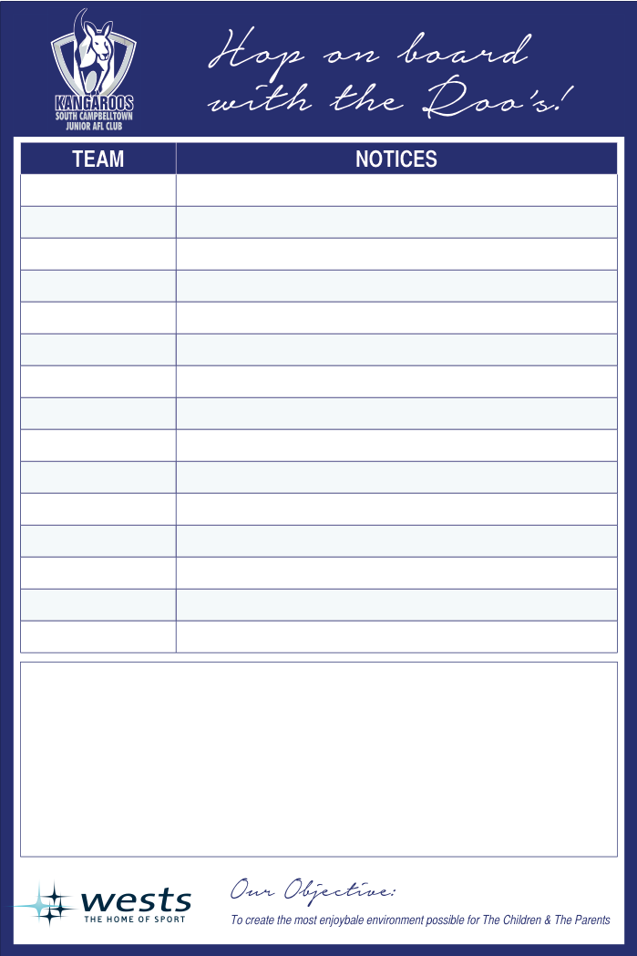 Junior AFL Club Noticeboard