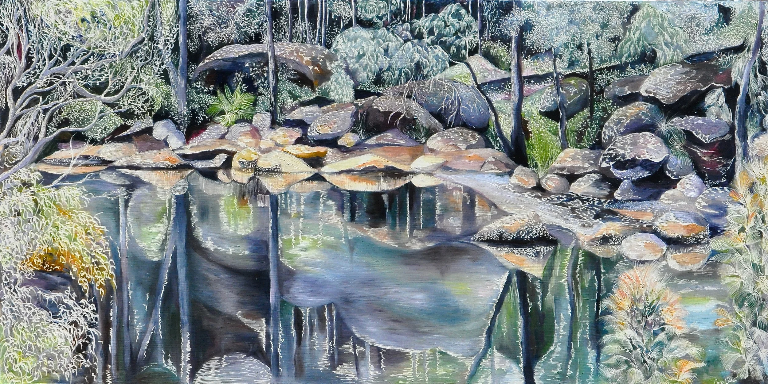 Casuarinas and Oysters at Coal and Candle Creek Medium: Oil on Board Carved Dimensions: 60x 120 cm  SOLD