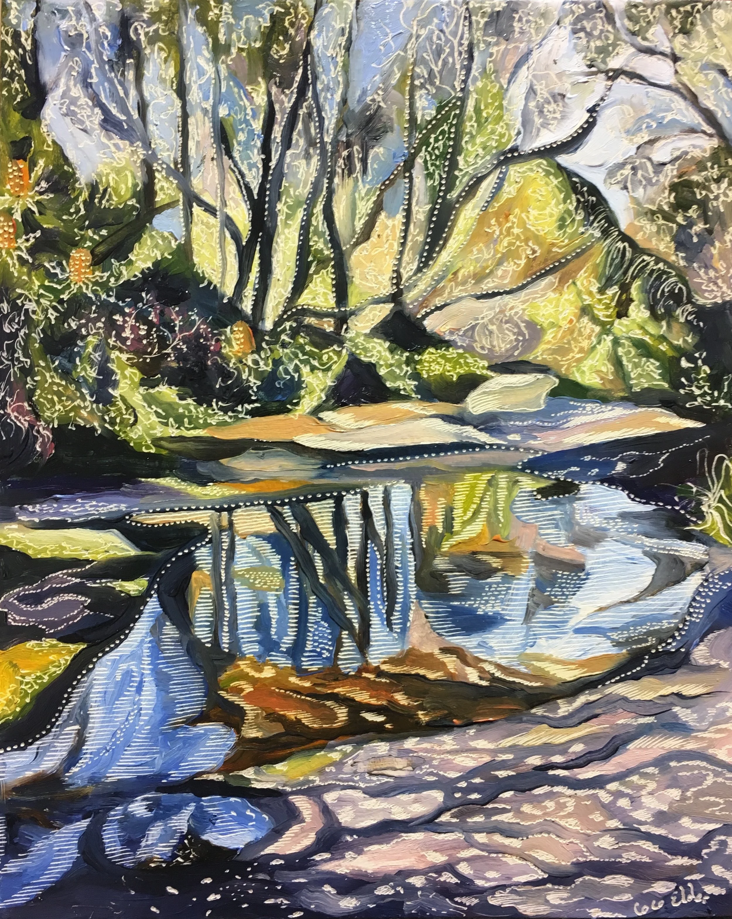Title: Study for Spring at Salvation Creek Medium: oil on board carved Dimensions: 20.5 x 25.5 cm  SOLD