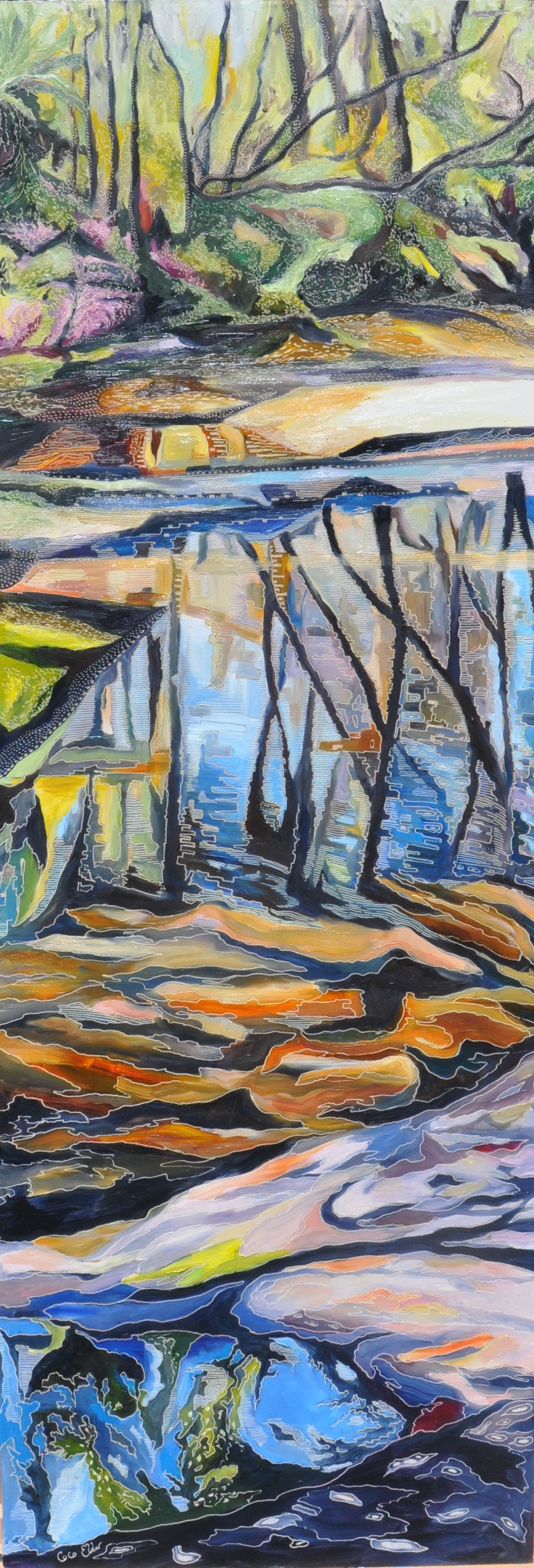 Title: Sliver of Salvation Creek Medium: oil on board carved Dimensions: 40 cm x 120 cm  SOLD