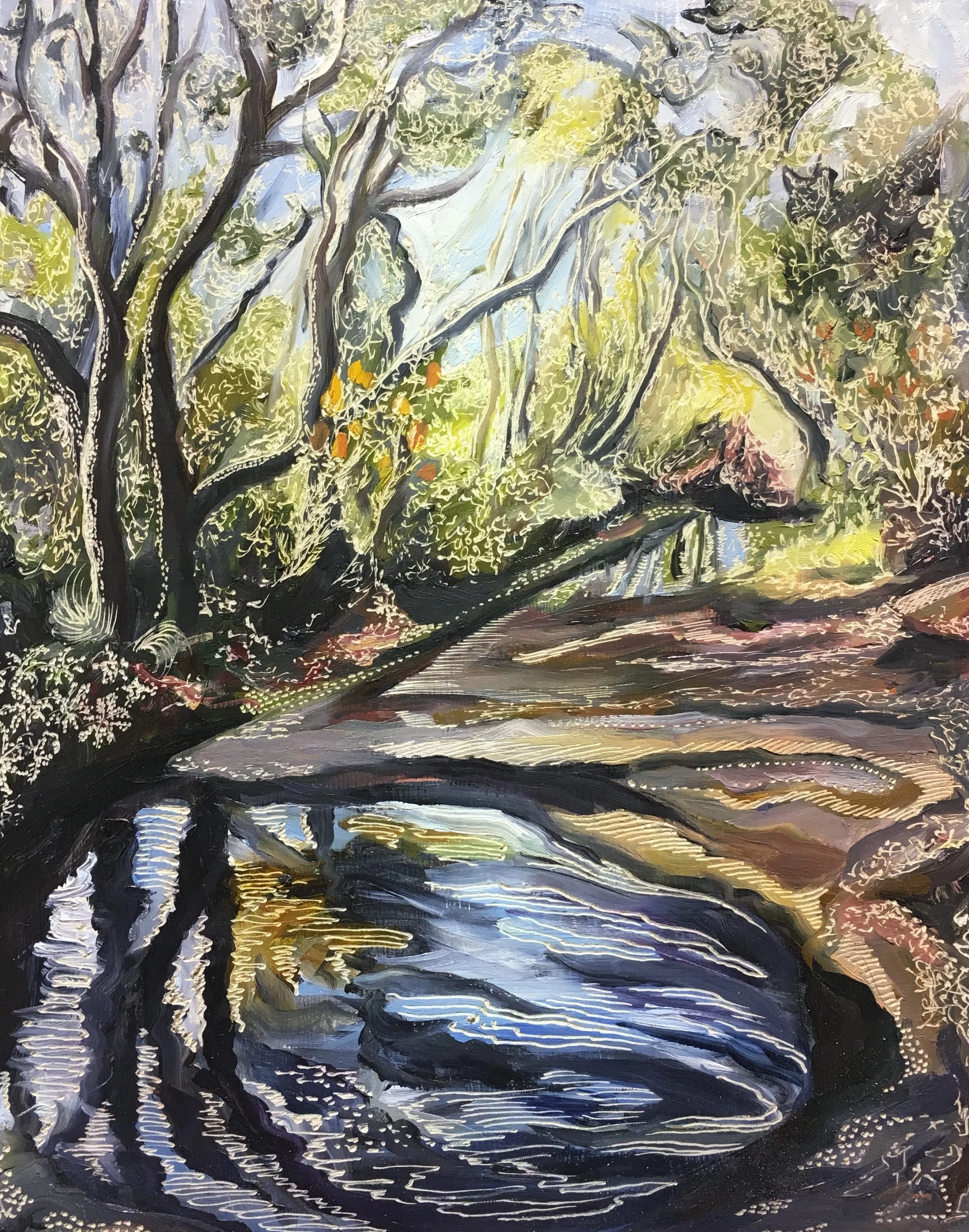 Title: A Wintery Salvation Creek Medium: oil on board carved Dimensions: 20.5 x 25.5 cm  SOLD