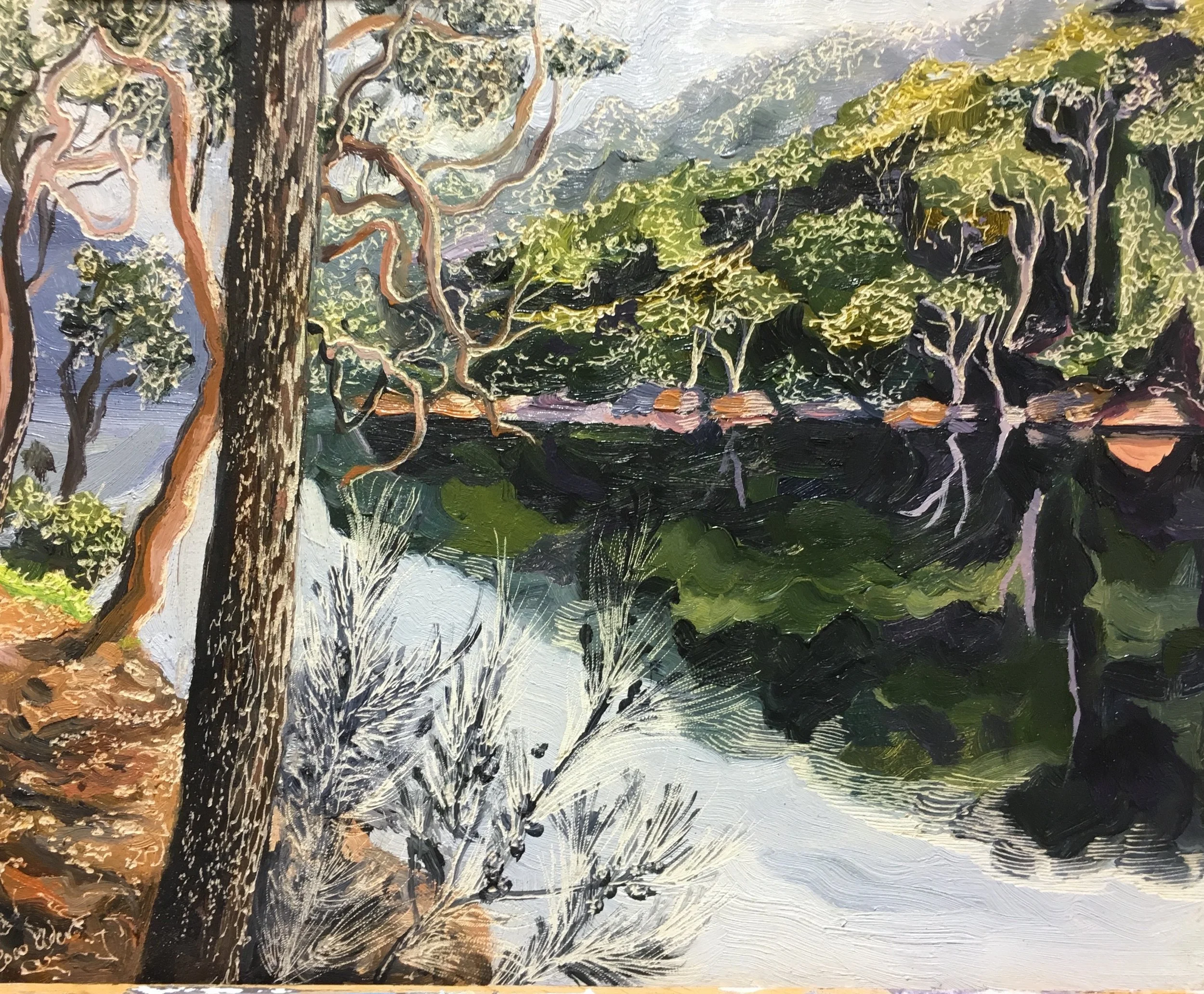 Title: Study for Illawong Bay Reflections Medium: oil on board carved Dimensions: 20.5 x 25.5 cm  SOLD