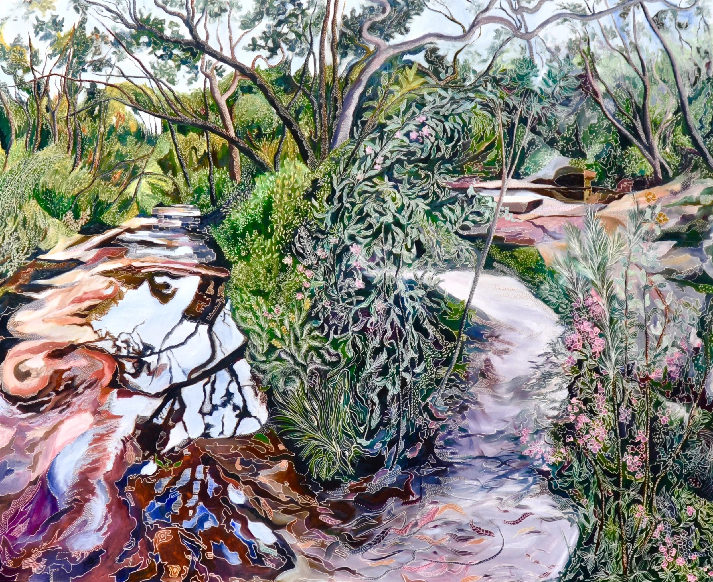 Title: Spring in the Garden of Ku-Ring-Gai Medium: oil on board carved Dimensions: 120 x 150 cm  SOLD