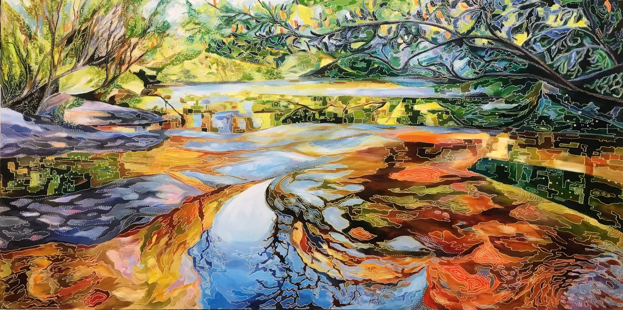 Title: Rippled Reflections of Sydney Sandstone and Acia Ericifolia. Medium: Oil on Board Carved Dimensions: 60 x 90 cm SOLD