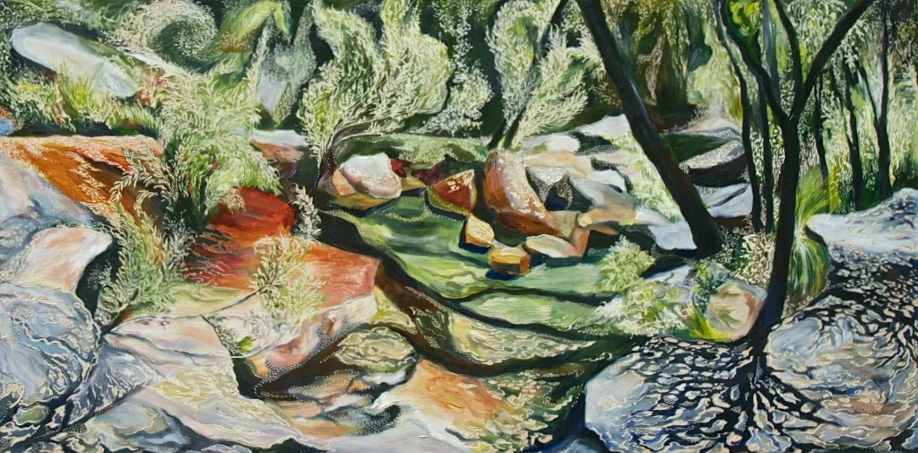 Title: Dappled Light at Hidden Creek Medium: Oil on Board Carved Dimensions: 120 x 60 cm SOLD