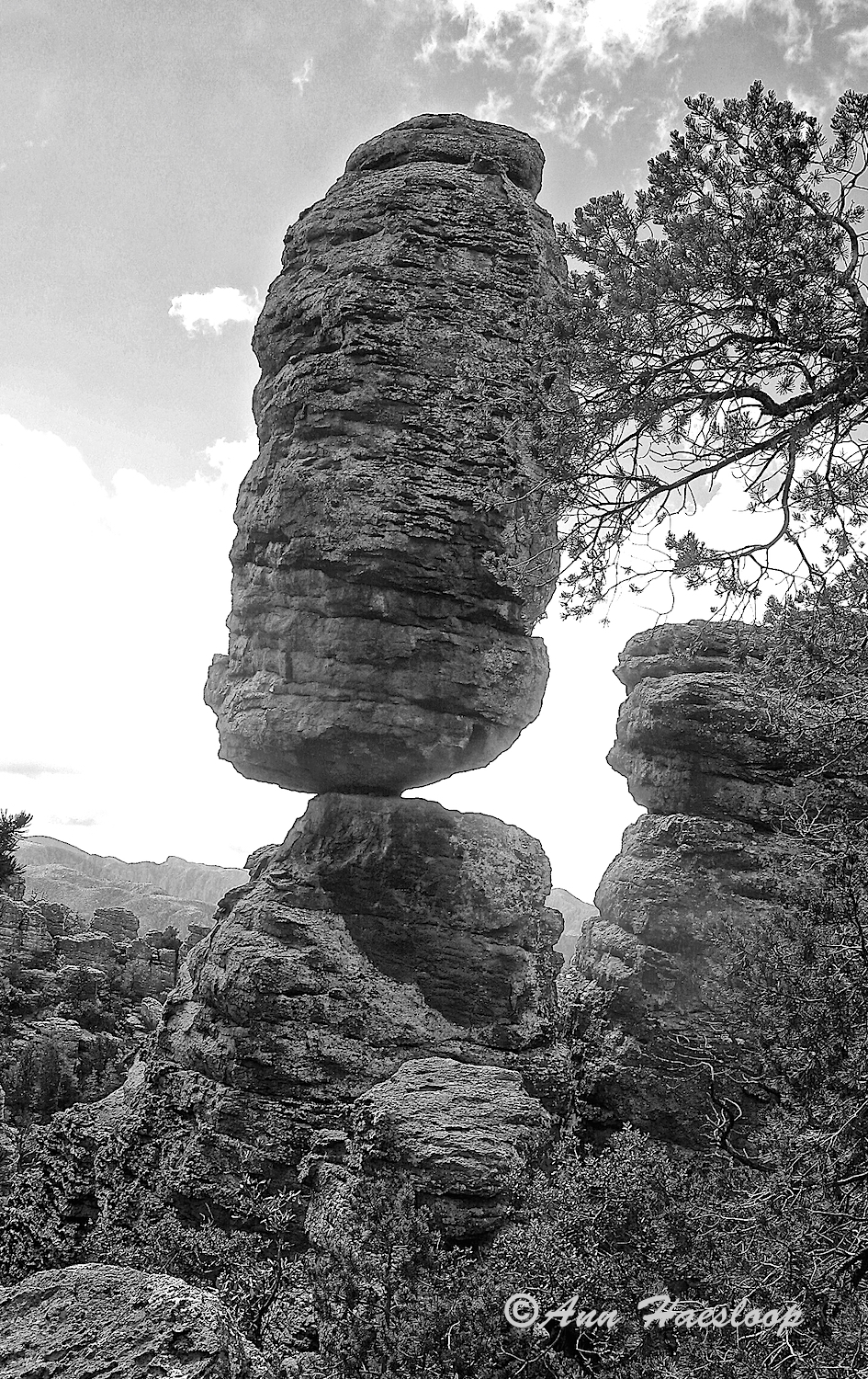 An outlined image of Balanced Rock. Actually, there are many such rocks in the Chiricahuas. But this must be the big cahuna of balanced rocks!