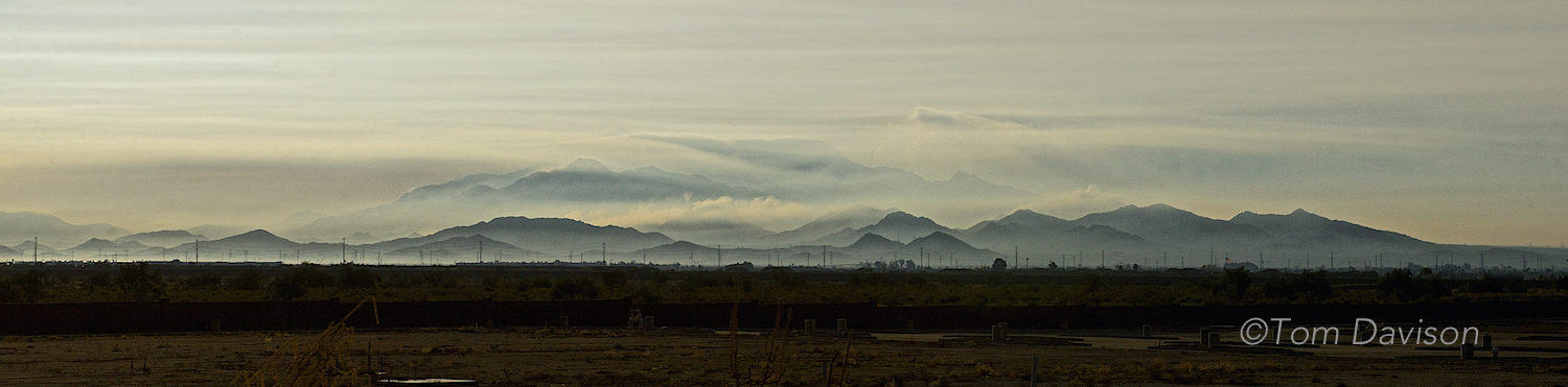 This was the view from I-10 going east to meet up with the group to ride the Rapid Rail from Camelback and Central to Tempe. Fog was predicted for the morning. These are the Estrella Mountains.