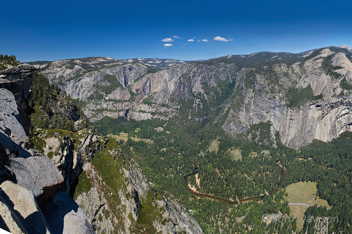 A six shot stitched pano taken at Glacier Point. If you look carefully you can spot both Upper and Lower Yosemite Falls and the winding Merced River.