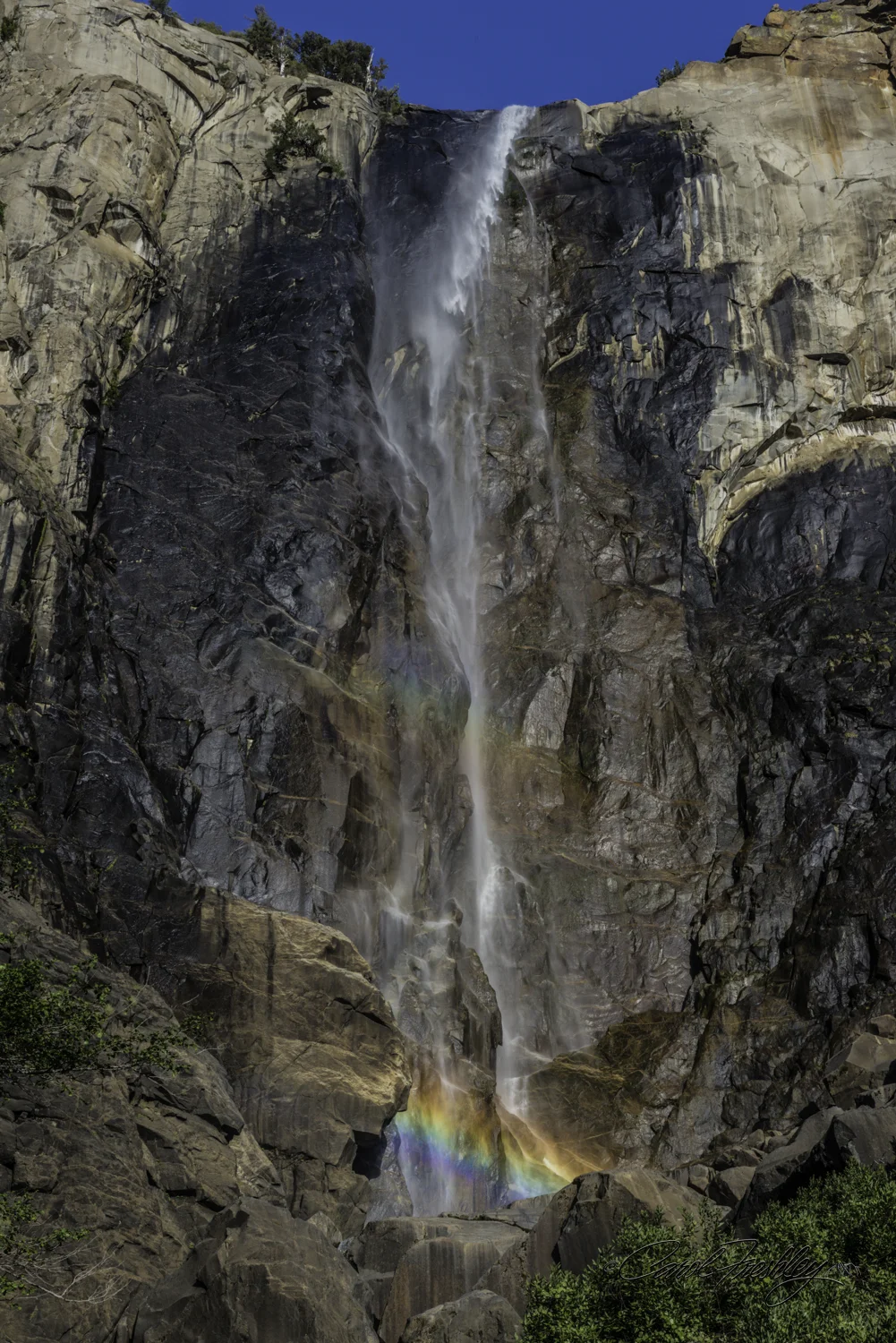 A two rainbow Bridalveil! To get rainbows like this you need the sun to be at the correct angle behind you. It lasts for several minutes. This particular fall is moved back and forth across the rocks by wind, appears very transparent against the dark rocks and is sometimes seen actually falling upwards from the top! I feel the fall is aptly named.