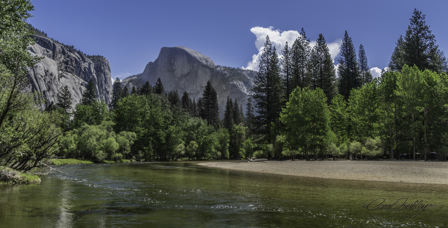 Half Dome in mid afternoon. The clouds were building up and we were hopeful, but they blew away.
