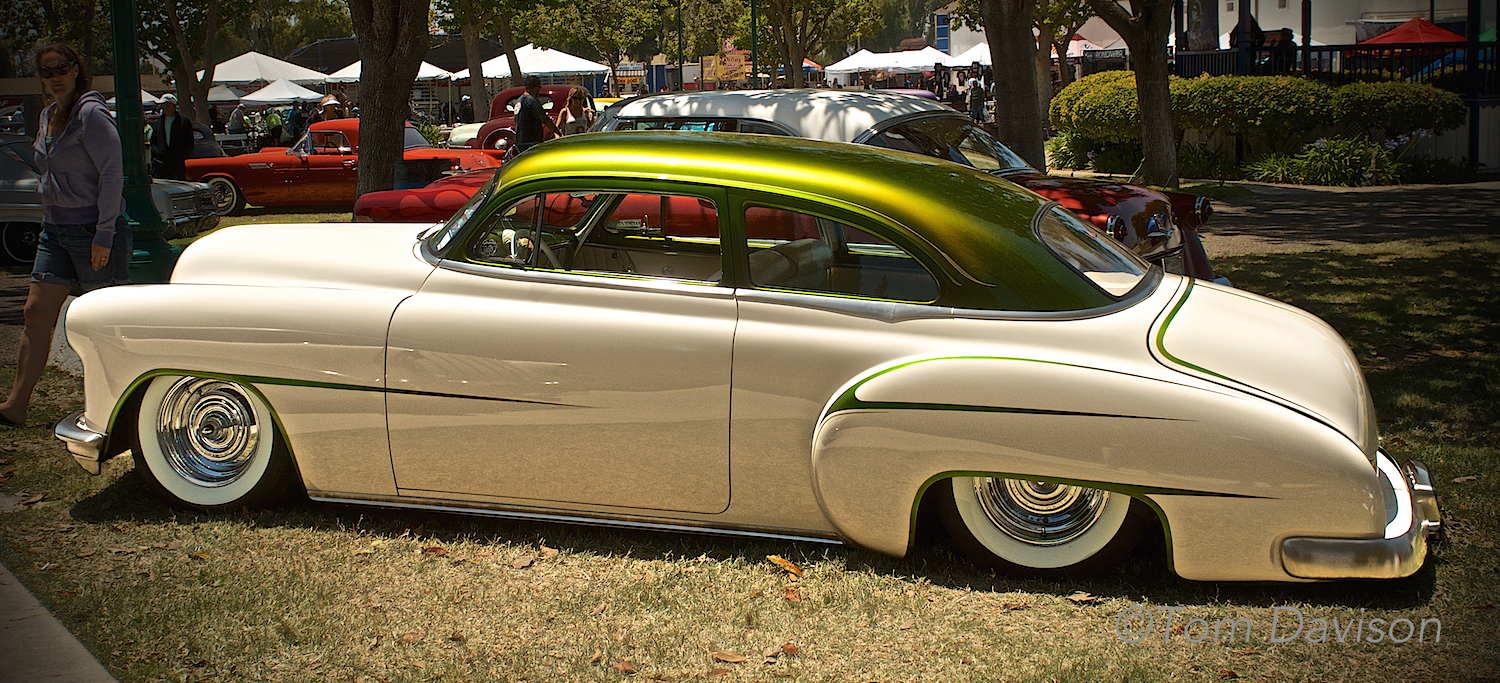 A 1950 Chevrolet coupe with chopped top.