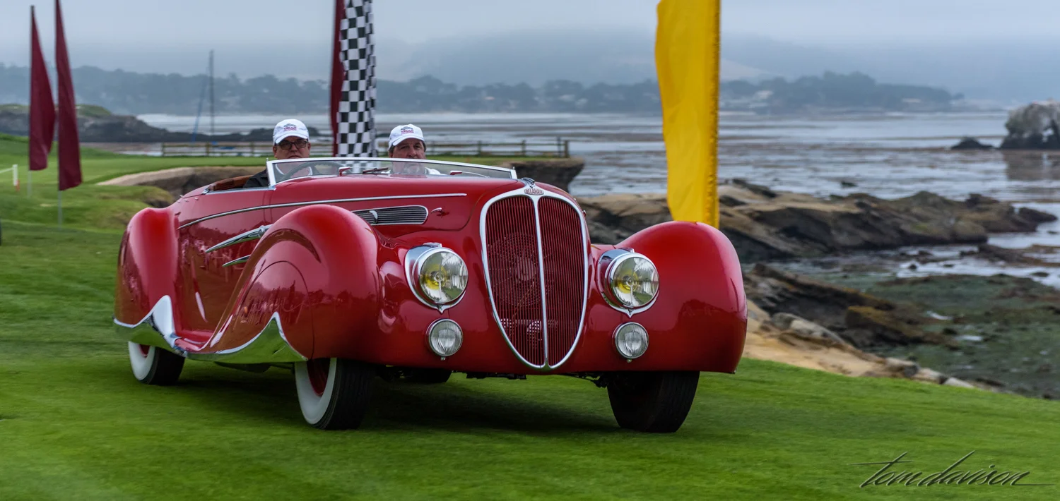 A Delahaye Roadster with full skirted fenders and adjustable windshield height.