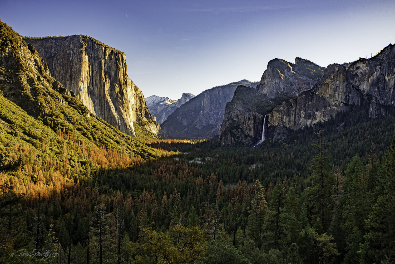 Our first stop was at the Tunnel Viewpoint. Bridal Veil Falls had much more water flowing than when we were in Yosemite last June. There was still fog in the valley (see white in places - that is fog). Bright sunlight challenging my camera's ability to capture the full dynamic range. A split ND filter slid in sideways was my solution!