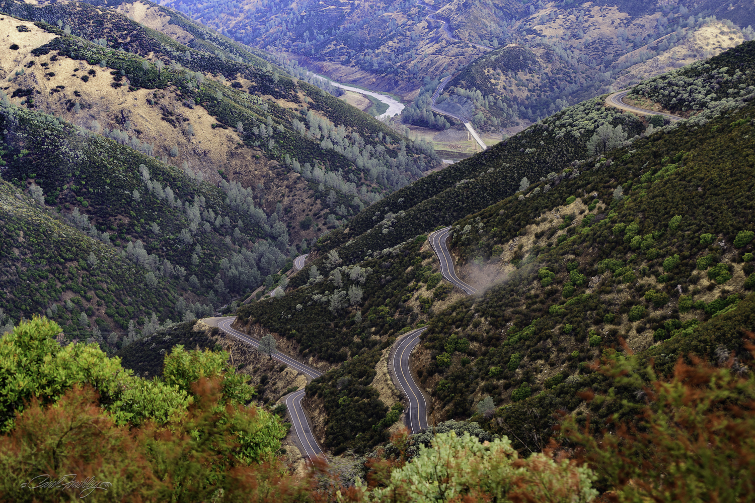 A much needed pull out gave us a chance to photograph just one section of the long and winding road. Can you spot the bridge we crossed in the upper mid section?